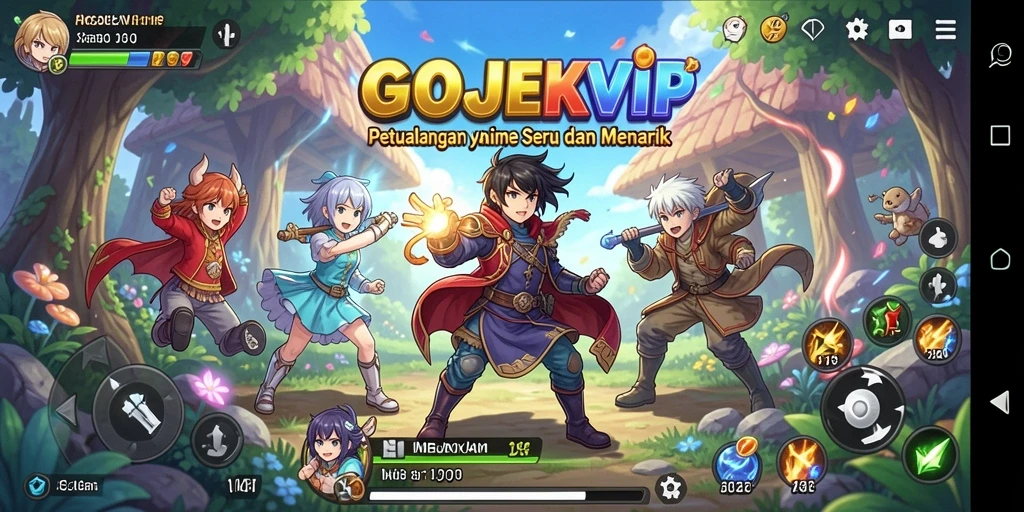 Screenshot GOJEKVIP menunjukkan karakter anime dalam aksi seru.