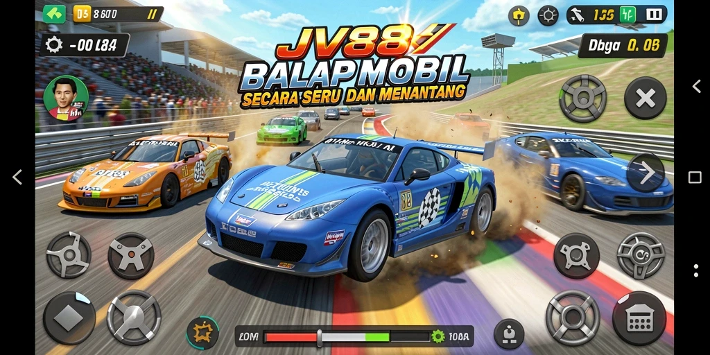 Screenshot gameplay JV88 yang menampilkan balapan mobil yang mendebarkan.