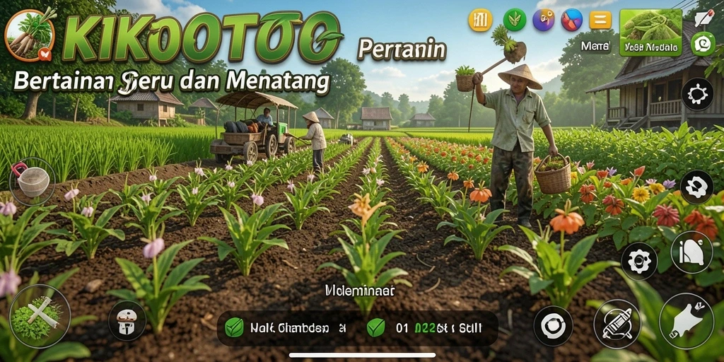 Tampilan gameplay KIKOTOTO yang menampilkan pertanian yang indah dan beragam tanaman.
