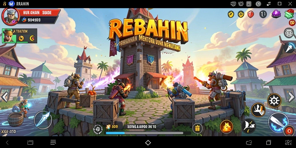 Screenshot gameplay REBAHIN menunjukkan pertahanan menara yang dinamis dan musuh yang menyerang.